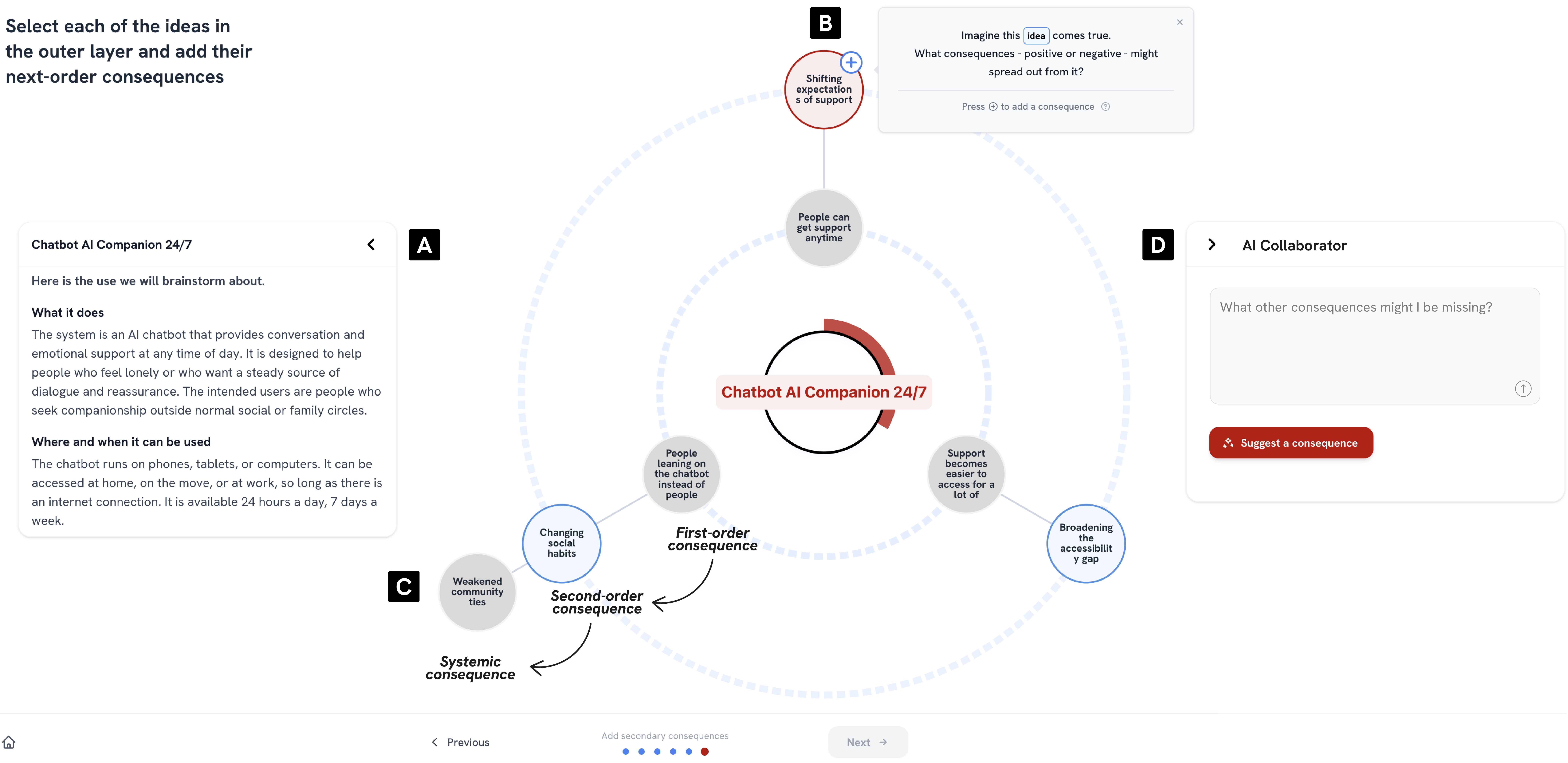 The Futures Wheel interface facilitated the identification of cascading risks associated with an AI use case, employing a structured brainstorming process-guided by ISO 42005-to explore first-, second-, and third-order consequences, with an optional AI-powered suggestion feature available in the human-AI collaboration condition.