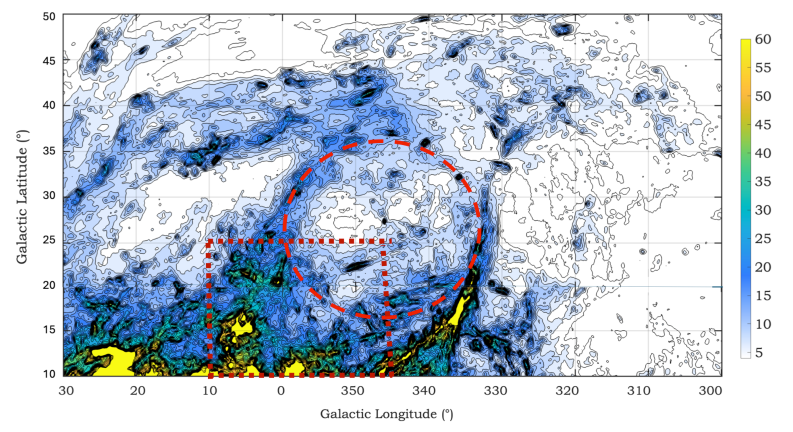 Вокруг звездного скопления USco обнаружено кольцо нейтрального водорода, демонстрирующее дефицит этого газа во внутренней области кольца и выделяющее компактный пик излучения, связанный с белым карликом, что позволяет исследовать динамику и состав межзвездной среды в данной области, охватывающей диапазон галактических долгот от 333° до 0° и широт от 15° до 35°.