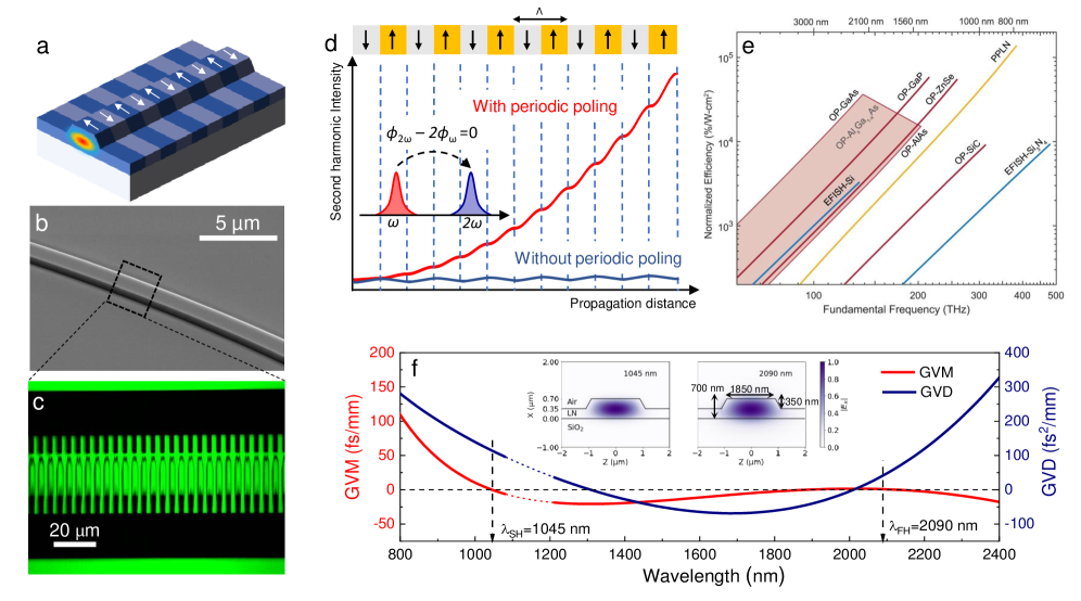 Интегрированная нелинейная фотоника на ниобате лития, использующая <span class="katex-eq" data-katex-display="false">\chi^{(2)}</span> процессы, демонстрирует возможности управления генерацией второй гармоники (SHG) посредством периодической поляризации (PPLN) в нанофотонных волноводах, где оптимизация дисперсии и групповой скорости (GVM, GVD) позволяет достичь высокой эффективности преобразования, зависящей от частоты накачки и материала платформы.