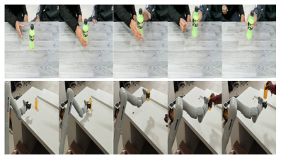 The robot successfully replicates human demonstrations across diverse tasks-pick and place, pick and pour, table cleaning, and pick and give-as evidenced by matching task sequences from demonstration to robotic execution (top to bottom).
