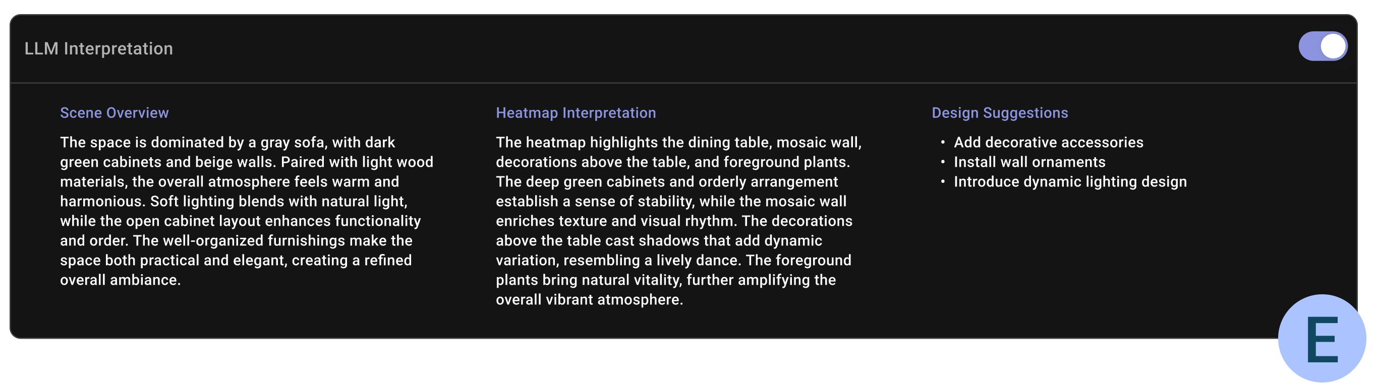 Интерпретация предсказанных ИИ-наложений с помощью языковой модели позволяет автоматически формировать описание сцены, объяснять значения выделенных областей внимания (например, с точки зрения архитектурного опыта) и предлагать конкретные рекомендации по дизайну для дальнейшей доработки запросов.
