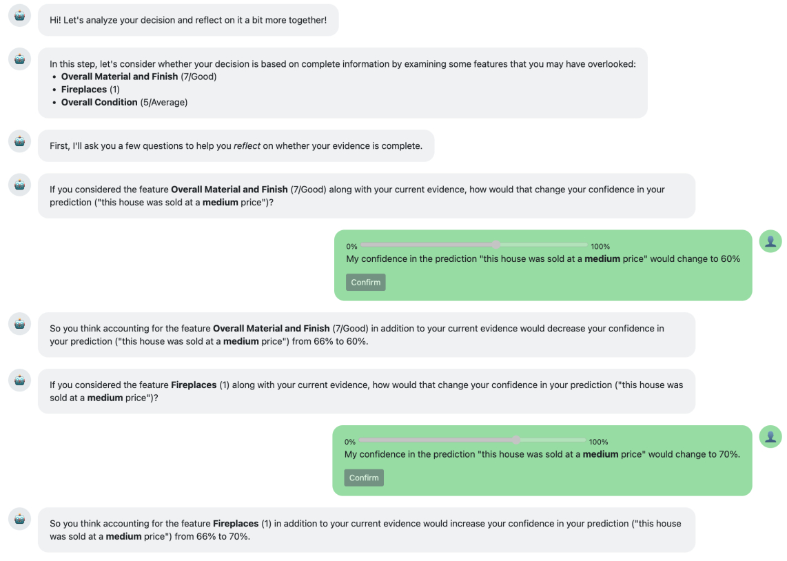AACT facilitates targeted self-reflection by prompting users with questions and capturing their evolving confidence levels via a slider interface.