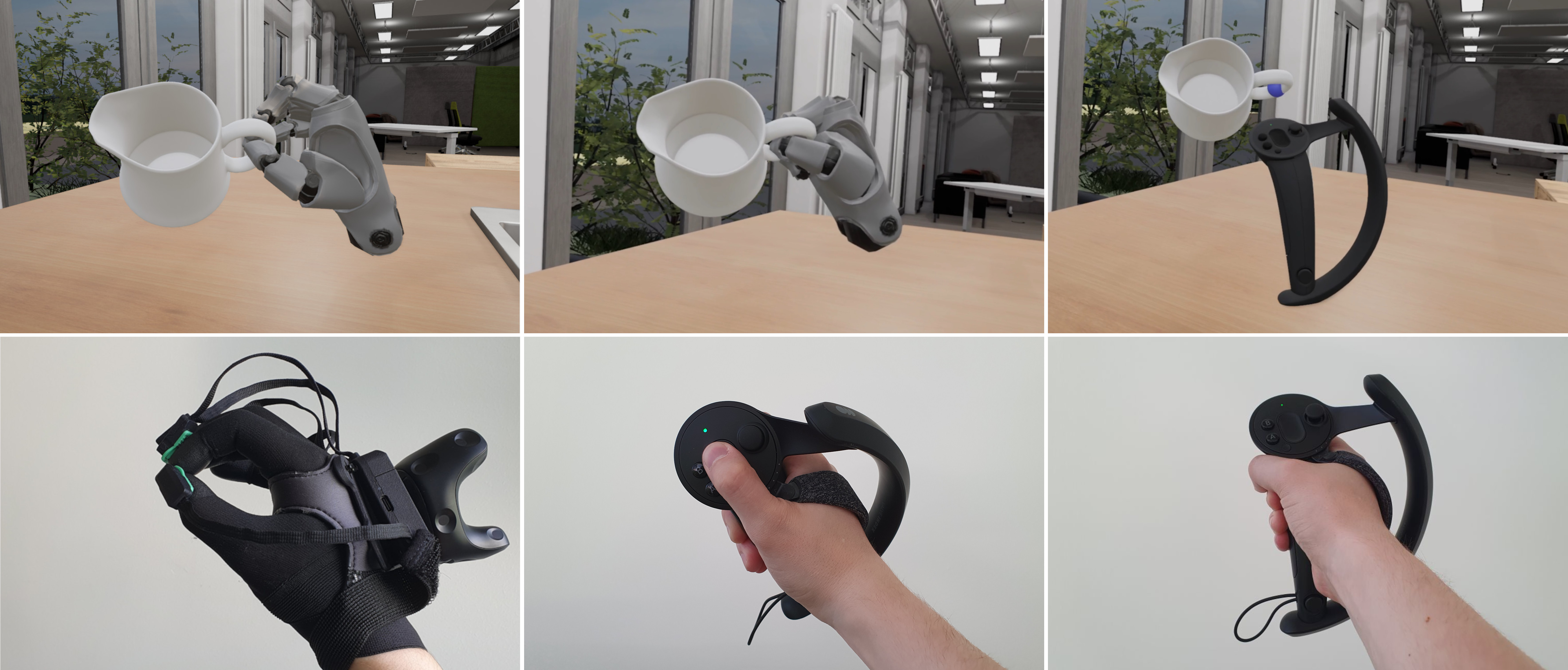 Система отслеживает движение либо перчаток Manus (левая колонка), либо контроллеров Valve Index (средняя и правая колонки), отображая соответствующую виртуальную реконструкцию руки или только контроллера, как показано на примере удержания виртуальной молочной бутылки.