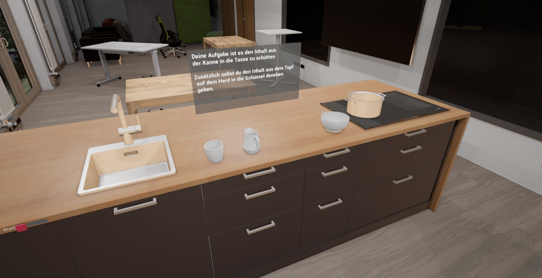 Демонстрируются две сцены с непрерывным движением: уборка, требующая контроля вертикального перемещения, и наливание жидкости, требующее медленного и точного выполнения для предотвращения пролития.