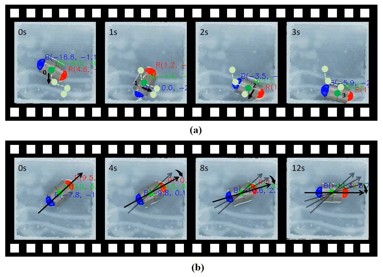 Simulations of a capsule traversing a wet stomach environment demonstrate both rolling [latex]	ext{(at 1-second intervals)}[/latex] and turning [latex]	ext{(at 4-second intervals)}[/latex] movements.