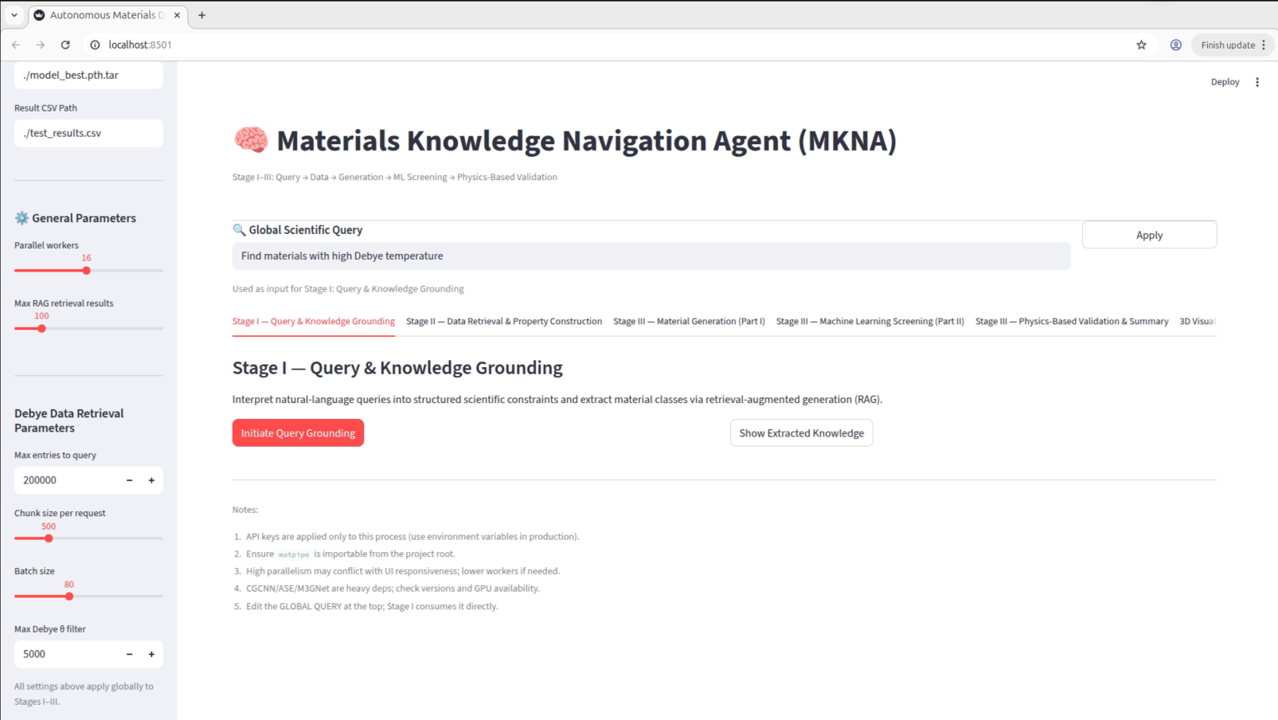 The Materials Knowledge Navigation Agent presents a user interface enabling researchers to pose open-ended scientific questions, customize data retrieval and filtering criteria, and execute each step of an automated analysis pipeline with interactive control.