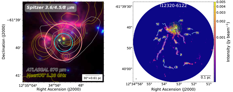 Многоволновая съемка источника I12320-6122 демонстрирует сложную структуру филаментов, выделяющихся на фоне эмиссии в 1.3 мм (обозначены красным цветом), с областями конденсаций, идентифицированными по данным <span class="katex-eq" data-katex-display="false">H_{40}\alpha</span> (зеленые контуры), и подтверждается данными в инфракрасном (Spitzer) и радиодиапазонах (ATLASGAL, MeerKAT, ATOMS, QUARKS).
