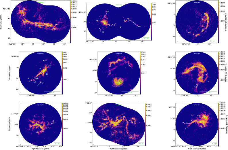 Атлас фибрилл, обнаруженных в образце QUARKS, демонстрирует сложную структуру прото-скоплений, выделяющуюся на фоне эмиссии на длине волны 1,3 мм, где голубые и светло-серые кривые обозначают остовы и ветви фибрилл, проиндексированные алгоритмами RadFil и FilFinder, а линии эмиссии H40α, полученные в обзоре ATOMS, и ядра, идентифицированные в работе Jiao et al., служат дополнительными ориентирами для анализа их пространственного распределения.