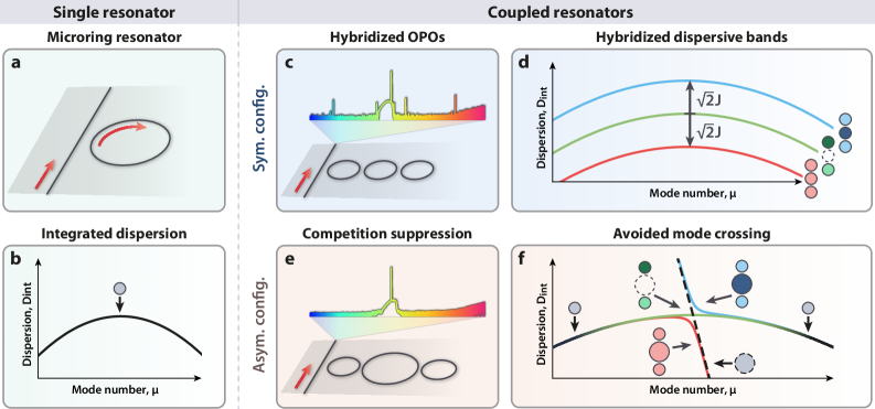 Исследование демонстрирует, что гибридные оптические параметрические осцилляторы (OPO) могут быть эффективно сгенерированы в симметричных и асимметричных микрорезонаторных системах, состоящих из трех колец, при монохромной накачке, причем геометрическая асимметрия подавляет конкурирующие каналы генерации гребенки, а дисперсионная структура, характеризуемая полосами супермод S, C и AS, позволяет контролировать режим возбуждения и избежать пересечения мод, обеспечивая тем самым эффективное преобразование энергии и стабильную работу устройства.