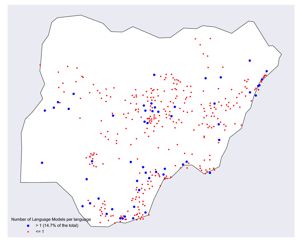 Despite being a less technologically developed nation, Nigeria covers a surprisingly higher proportion of its languages with language models (14.7%) compared to the United States (14%) and Australia (6.8%), highlighting a disparity further emphasized by the fact that California-a global technology hub-has the largest number of uncovered languages within the United States.