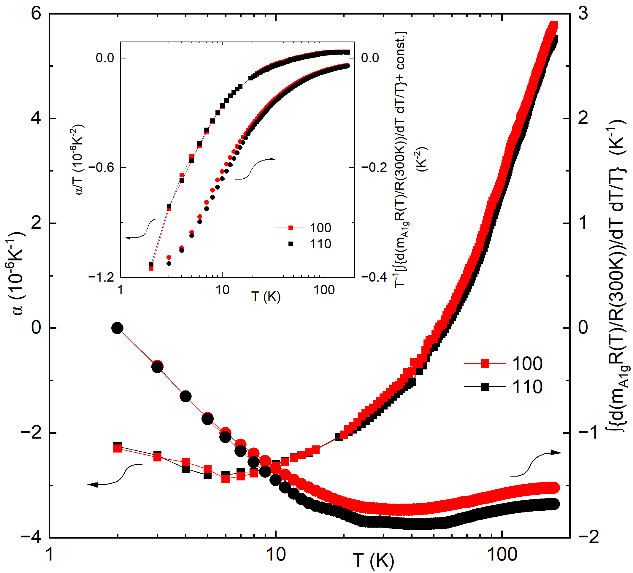 The in-plane thermal expansion coefficient of YRS, measured along the [100] and [110] directions (red and black squares, respectively), exhibits a temperature-dependent behavior mirrored by the integral of <span class="katex-eq" data-katex-display="false">\\frac{dT}{T}\\frac{d(m_{A1g}R/R_{300K})}{dT}</span> (red and black circles), as detailed in reference [31].