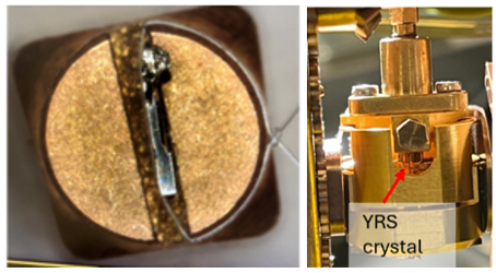 YbRh2Si2 single crystals were reliably mounted and positioned within a capacitive dilatometer using a PTFE thread and slotted stage to ensure mechanical stability during sensitive measurements.