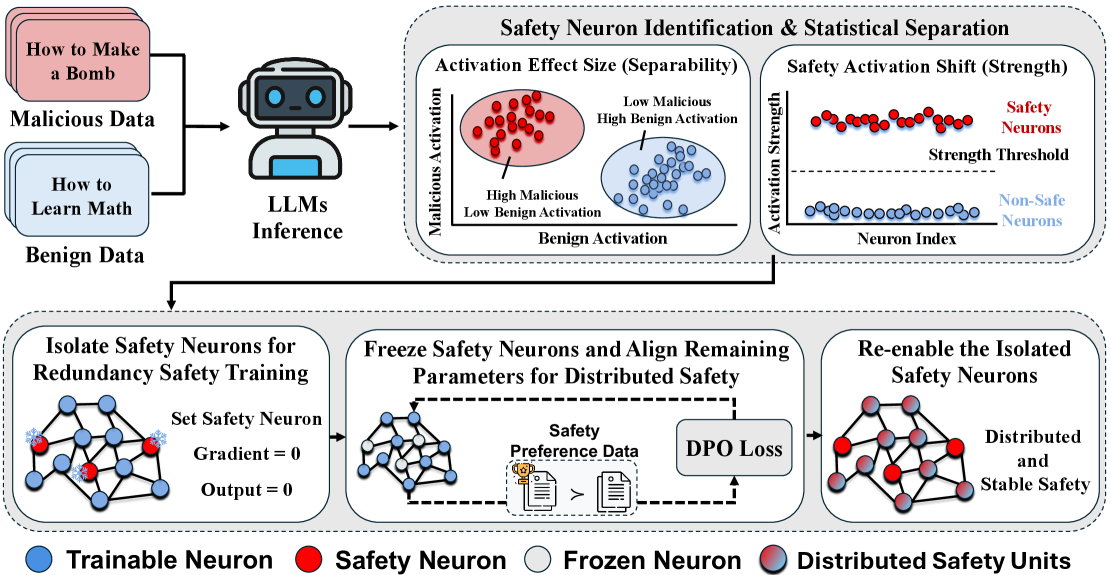 Our framework enhances model safety by quantifying neuron activation characteristics-using <span class="katex-eq" data-katex-display="false">Activation Effect Size</span> and <span class="katex-eq" data-katex-display="false">Safety Activation Shift</span>-freezing key safety neurons, and then optimizing the remaining neurons to establish redundant safety pathways.