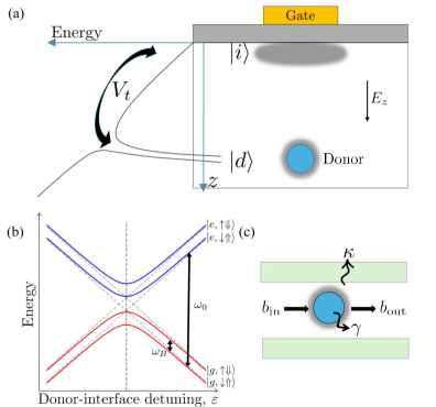 В предлагаемой схеме кубита реализованного на основе донорно-акцепторной структуры, электронное волновое состояние может быть делокализовано электрическим полем к границе раздела кремния и изолятора, а спиновые состояния [latex]\vert\uparrow\Downarrow\rangle[/latex], [latex]\vert\downarrow\Uparrow\rangle[/latex] разделяются зеемановским расщеплением [latex]\omega_B[/latex], в то время как орбитальное расщепление [latex]\omega_0[/latex] определяет энергетические уровни основного (красный) и возбужденного (синий) зарядового коллектора, при этом считывание состояния кубита осуществляется посредством дисперсионного взаимодействия с резонатором частотой [latex]\omega_r[/latex] и эффективной скоростью релаксации γ, а также скоростью потерь фотонов в резонаторе κ.