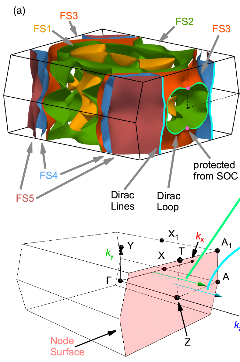 The five Fermi surfaces of <span class="katex-eq" data-katex-display="false">Cmcm</span> LaNiGa<span class="katex-eq" data-katex-display="false">_2</span> exhibit degeneracies on a node surface within the Brillouin zone, with specific points on the light green loop and vertical blue line indicating potential 3D Dirac point character protected from spin-orbit coupling.