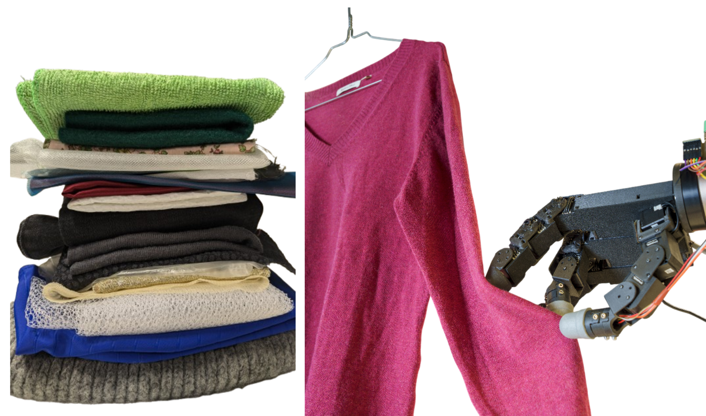 A robotic hand discerns common fabrics through integrated vision and audio data captured by fingertip sensors, demonstrating a multimodal approach to tactile perception.