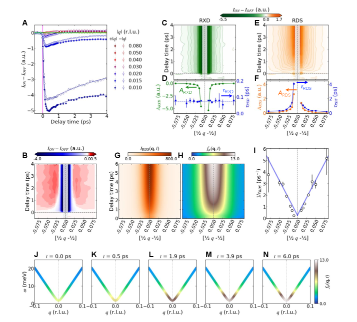 Time-resolved resonant diffuse scattering reveals the momentum-dependent dynamics of the system.