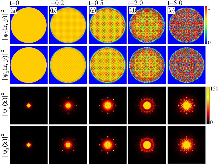 A balanced two-component Bose-Einstein condensate initialized with small random fluctuations in a spin-dependent periodic lattice evolves dynamically, demonstrating stable behavior at an intercomponent interaction strength of <span class="katex-eq" data-katex-display="false">g_{12} = 16.5</span>.
