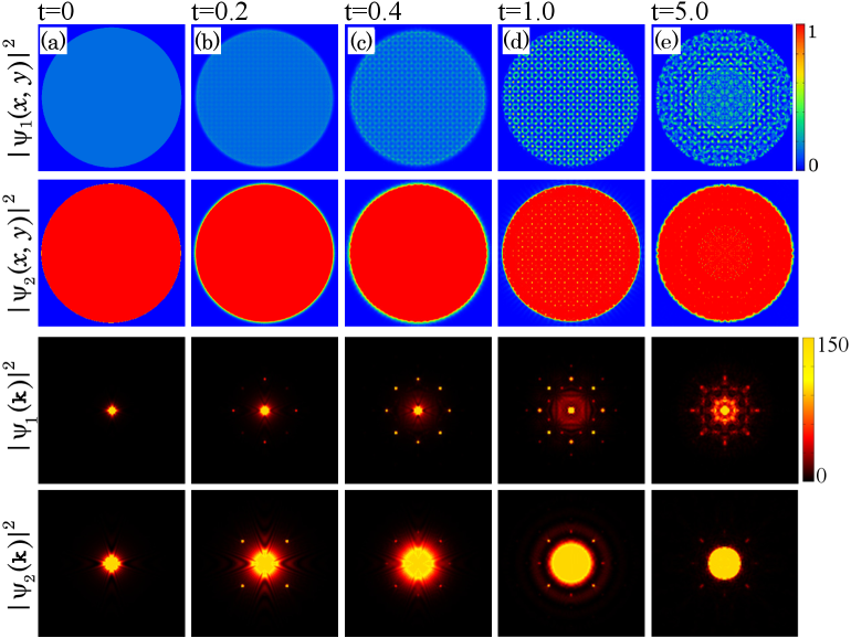 An imbalanced two-component Bose-Einstein condensate initialized with random fluctuations in a spin-dependent periodic lattice evolves to exhibit component separation, with the minority component's dynamics governed by an interaction strength of <span class="katex-eq" data-katex-display="false">g_{12} = 15.15</span>.