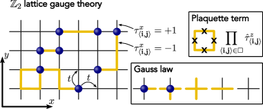The study models a system of hard-core bosons on a two-dimensional lattice, intricately linked to a [latex]\mathbb{Z}_2[/latex] gauge field, where the configuration of the electric field-visualized by marking links with yellow lines for [latex]\tau^{x}_{\langle i,j \rangle} = -1[/latex]-constrains the possible states of both matter and gauge fields according to a Gauss’s law, and magnetic interactions are defined by the product of gauge fields on each plaquette.