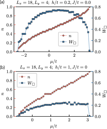 Simulations using DMRG on a <span class="katex-eq" data-katex-display="false">L_x = 18</span> by <span class="katex-eq" data-katex-display="false">L_y = 4</span> cylinder reveal that the plaquette term <span class="katex-eq" data-katex-display="false">W_{\square}</span> in the <span class="katex-eq" data-katex-display="false">\mathbb{Z}_2</span> LGT exhibits a strong dependence on lattice filling <span class="katex-eq" data-katex-display="false">n</span>, peaking near <span class="katex-eq" data-katex-display="false">n \approx 0.6</span>, and decreases with increasing <span class="katex-eq" data-katex-display="false">\mathbb{Z}_2</span> electric field <span class="katex-eq" data-katex-display="false">h</span>, but retains this filling dependence.