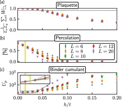 Numerical quantum simulation of the <span class="katex-eq" data-katex-display="false">\mathbb{Z}_2</span> lattice gauge theory coupled to dynamical matter reveals a phase transition near <span class="katex-eq" data-katex-display="false">h/t \approx 0.015</span>, as evidenced by the decreasing plaquette expectation value and the behavior of percolation probability and the Binder cumulant.