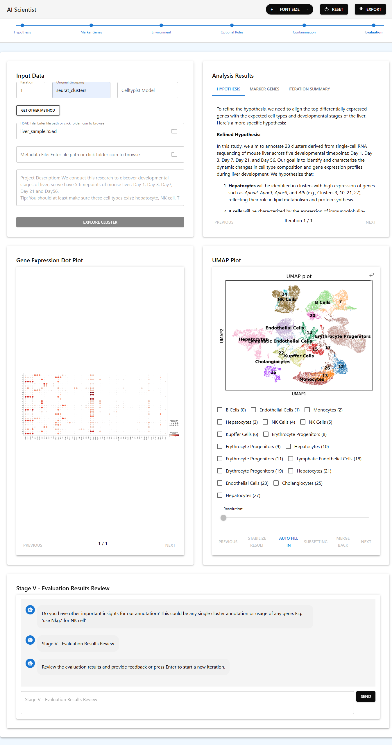 Complete CellMaster web interface screenshot showing pipeline stages, input panel with project description, analysis results with hypothesis and marker genes, gene expression dotplot, interactive UMAP with 28 liver cell clusters, and chat feedback interface.