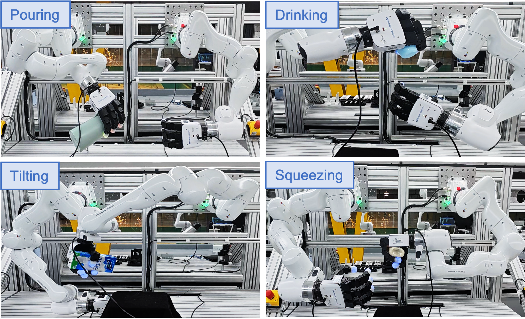 A Franka Panda robot with Allegro Hand successfully performs complex, contact-rich manipulation tasks-including pouring, drinking, tilting, and squeezing-when guided by the generated human-object interaction (HOI) sequence.