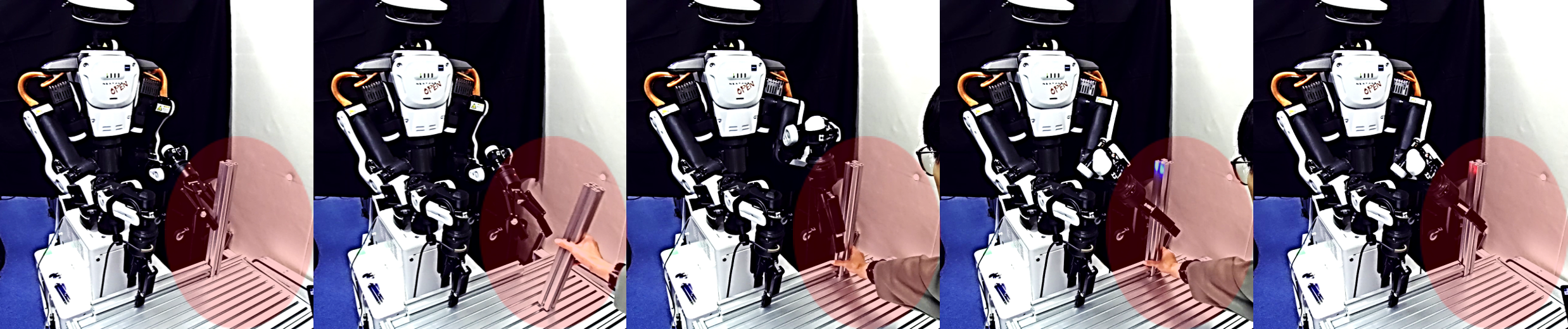 During real-world object fixation, the robot dynamically adjusts its grasp on an aluminum frame-highlighted in red-while a human provides temporary support to maintain stability, demonstrating coordinated manipulation as shown in Fig. 5(a).