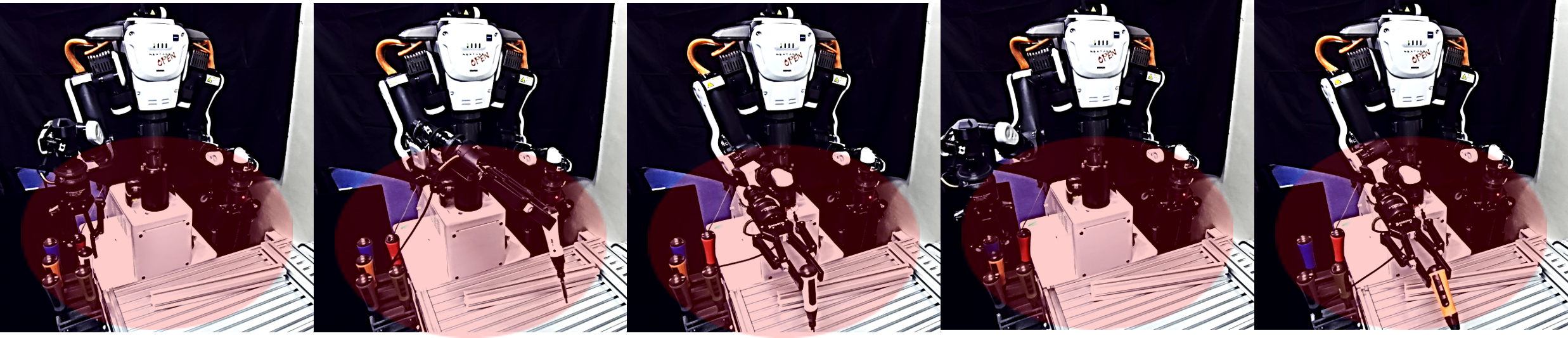 The robot successfully identified the correct screwdriver from a set of six tools and handed it to a human worker, demonstrating a replanning sequence as visualized in Figure 6(b).