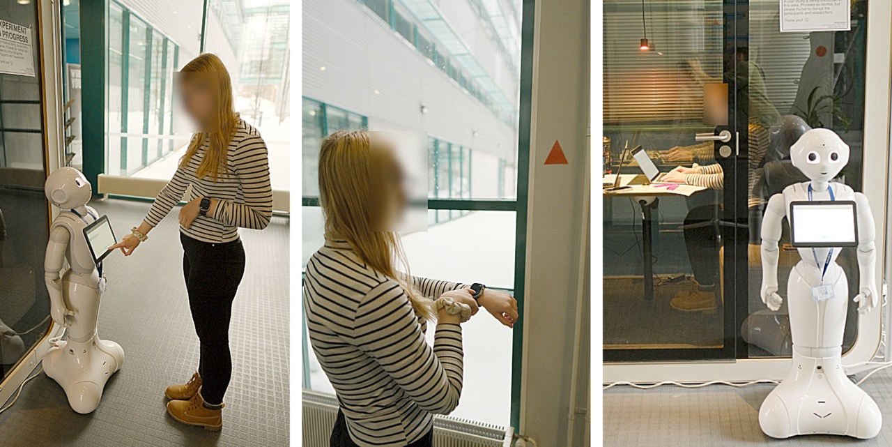 Participants navigated using a robotic assistant and a smartwatch, completing questionnaires before, during, and after three experimental conditions to assess the system's usability.