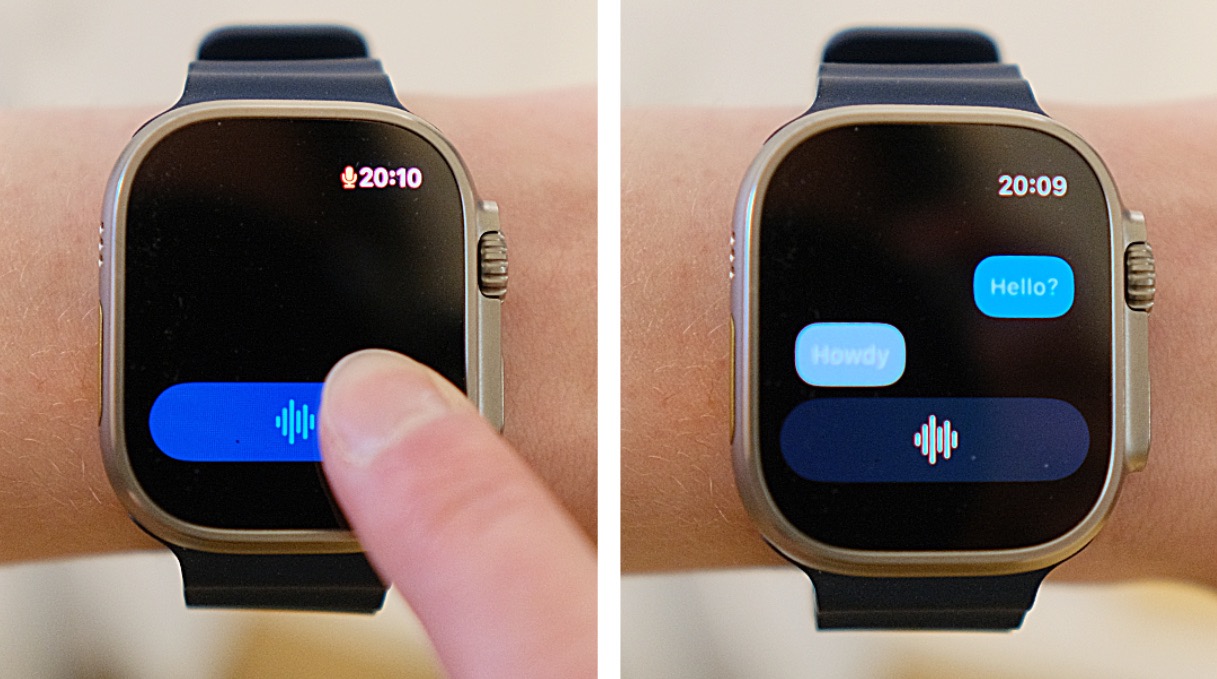 The wearable navigation assistant utilizes a button-activated voice interface, indicated by a ready state after processing each user input.