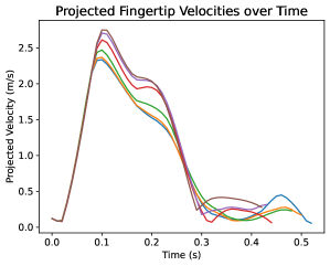 Обученная с использованием MyoInteract политика демонстрирует биомеханически правдоподобные движения, характеризующиеся линейной зависимостью времени движения от идентификатора цели (<span class="katex-eq" data-katex-display="false">R^{2}=0.90</span>), траекторией, соответствующей целенаправленным движениям, и колоколообразной кривой скорости, типичной для направленных движений (Morasso, 1981).