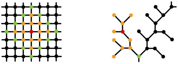 Исследование демонстрирует, как бесконечная решетка [latex]G \cong \mathbb{Z}^{2}[/latex] и конечное дерево [latex]G^{\prime}[/latex] позволяют определить окрестность вершины [latex]v[/latex] - [latex]H[/latex] или [latex]H^{\prime}[/latex] - включая её границу [latex]\partial H[/latex], [latex]\partial H^{\prime}[/latex] и внутреннюю область [latex]H^{\circ}[/latex], [latex]H^{\prime\circ}[/latex], раскрывая общие принципы анализа локальной структуры в различных типах графов.