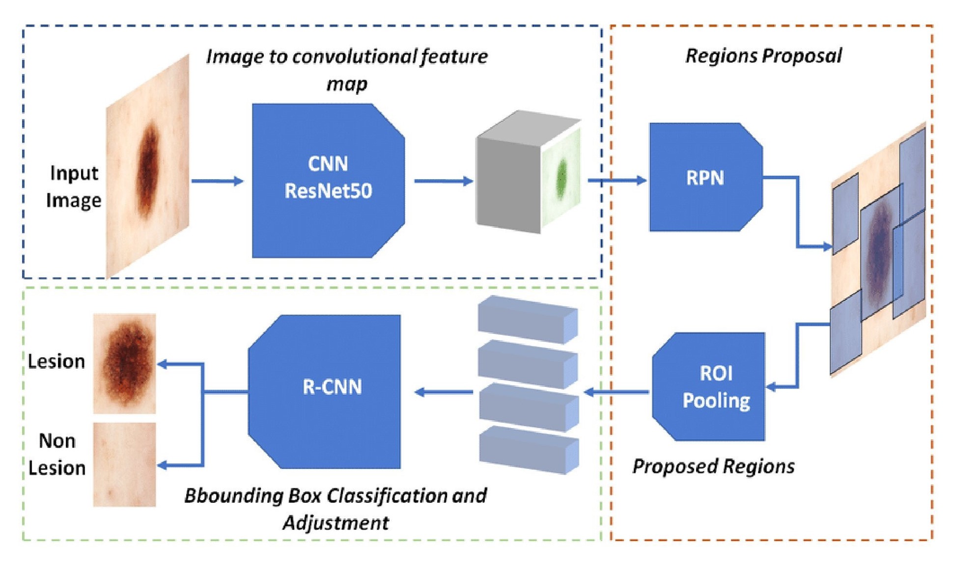 Архитектура Faster R-CNN включает в себя свёрточную нейронную сеть для извлечения признаков, регионный предложитель (RPN) для генерации областей интереса и классификатор для определения объектов в этих областях.