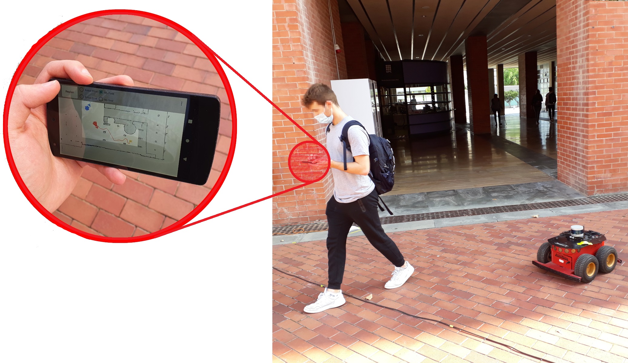 This human-robot collaboration demonstrates bidirectional communication via smartphone, enabling the robot to track human movement and facilitate a shared search.