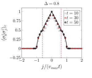 The magnetisation profile following a spin flip exhibits correlations that depend on the parameter Δ, converging to the asymptotic limit described by Eq. (19) and constrained by a maximal bound state velocity of <span class="katex-eq" data-katex-display="false">v^{B}_{max}=\min(1,1/(2\Delta))</span>.