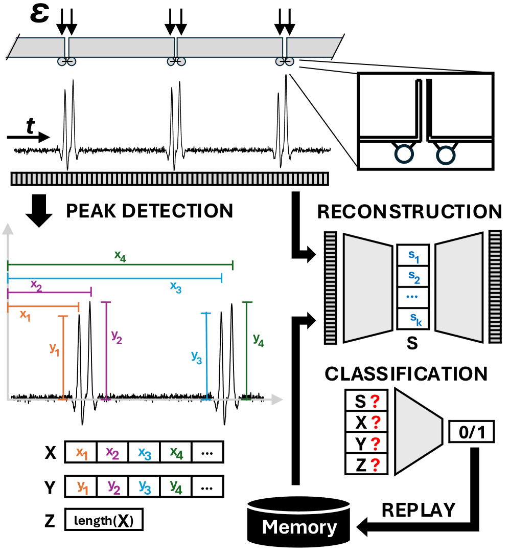 A system identifies mechanical faults by extracting temporal wheel indices, strain-based deformation, and wheel count through peak detection, reconstructing signal embeddings with a Variational Autoencoder, and then fusing these data streams with continual loss-based experience replay to enable robust fault detection.