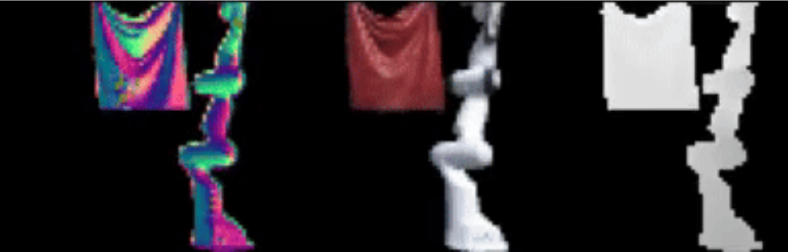 The system captures a robot’s manipulation of a deformable object-a towel-simultaneously registering surface normals, RGB values, and depth data to facilitate nuanced interaction and understanding of the object’s changing geometry.