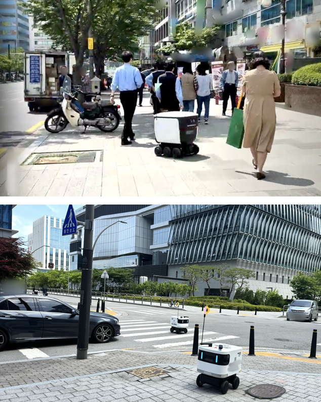 The robot navigated a dynamic human environment, evidenced by its continued operation after being momentarily enveloped by a passing crowd, and demonstrated autonomous intersection handling-stopping before a vehicle despite the absence of conventional traffic control signals.