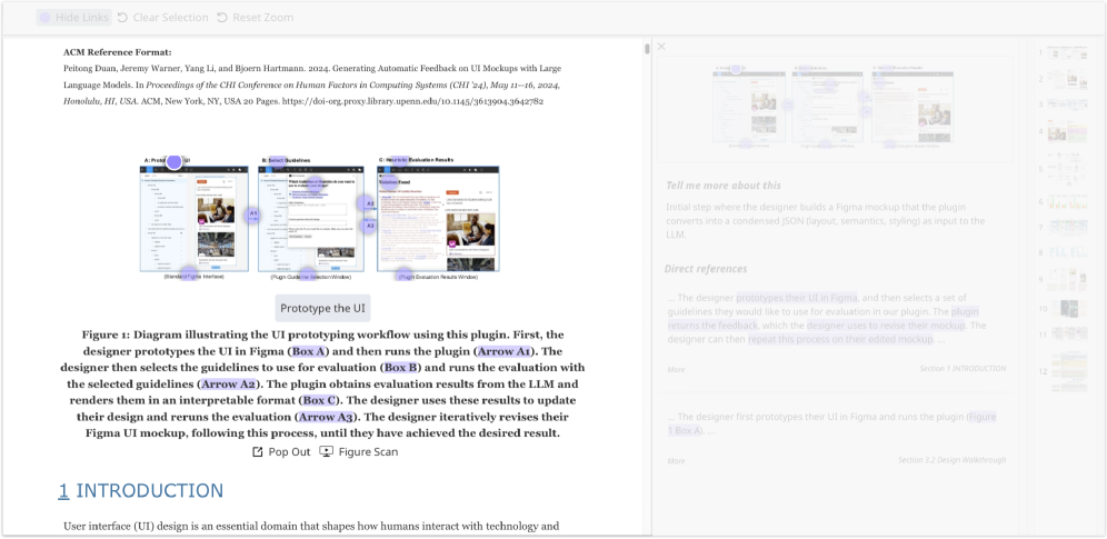 Интерактивные точки и выделенные фразы на изображениях позволяют пользователям исследовать визуальные и текстовые элементы, а при активации режима связывания, точки становятся видимыми при наведении курсора и позволяют переходить между визуальными и текстовыми элементами, открывая панель со справочной информацией при клике.