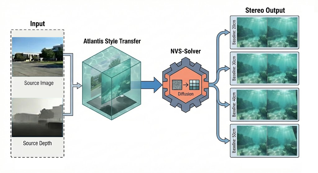 Для синтеза данных в наборе UW-StereoDepth-80K используется конвейер, объединяющий семантически-ориентированный перенос стиля и геометрически-согласованную генерацию новых видов.