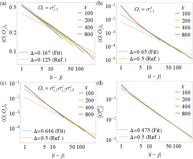 At the critical field <span class="katex-eq" data-katex-display="false">h=1.3403</span>, numerical results for three coupled Ising chains demonstrate power-law decay of two-point correlation functions <span class="katex-eq" data-katex-display="false">⟨O_i O_j⟩_c</span> and string correlation functions <span class="katex-eq" data-katex-display="false">⟨O^{	extrm{str}}_{i,j}⟩</span>, which closely match theoretical predictions from the four-state Potts conformal field theory.