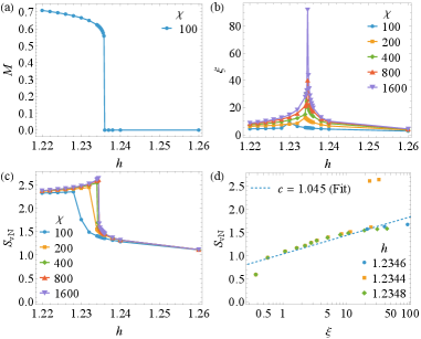 Numerical results for coupled Ising chains demonstrate that magnetization, correlation length, and von Neumann entanglement entropy vary with an applied field <span class="katex-eq" data-katex-display="false">h</span>, with entanglement entropy exhibiting a characteristic relationship to the correlation length near the transition.