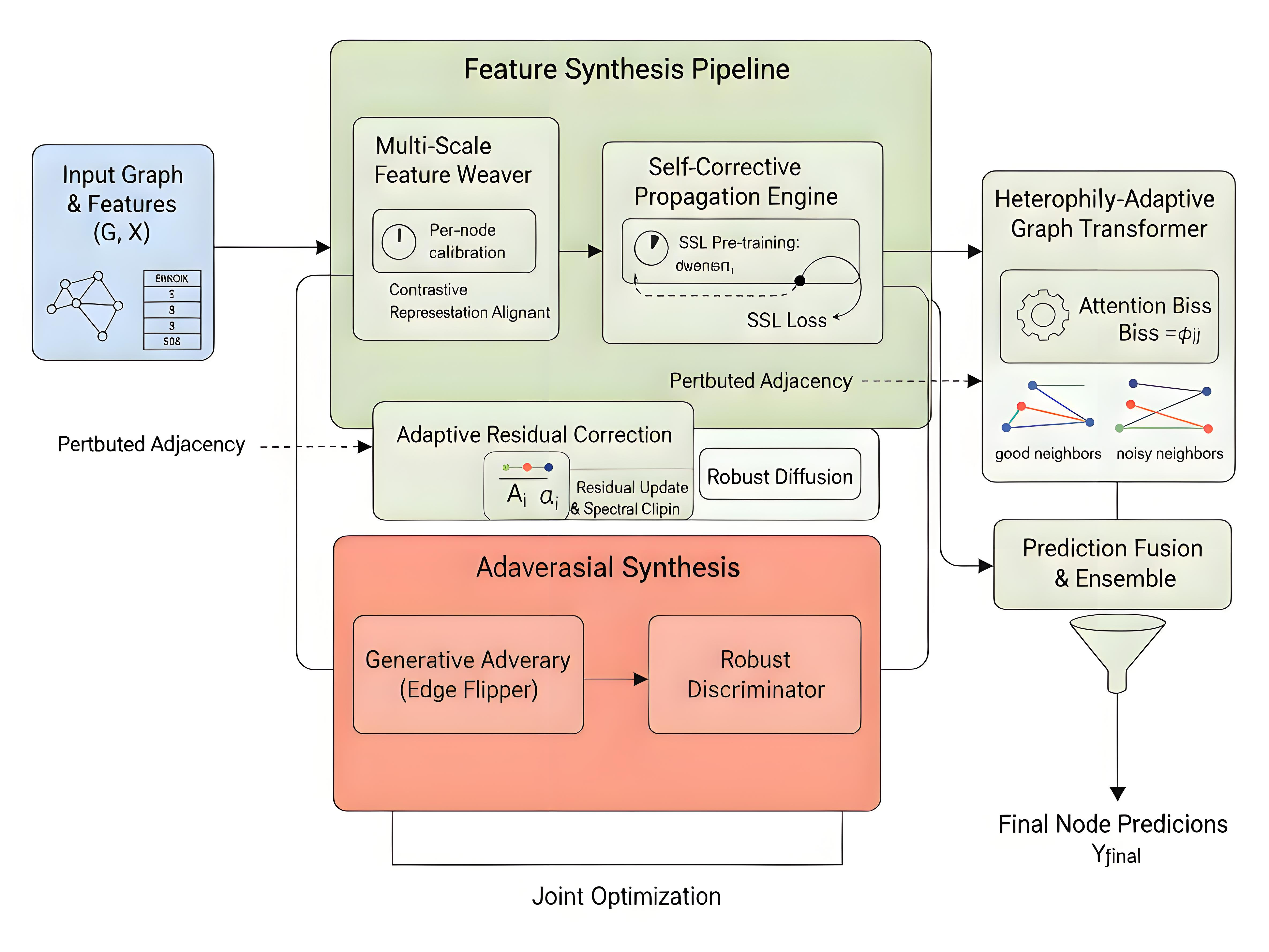 The AdvSynGNN framework achieves resilient node labeling through a process of iterative refinement, beginning with multi-scale feature synthesis and progressing via contrastive representation alignment-stabilized by a self-supervised loss <span class="katex-eq" data-katex-display="false">\mathcal{L}_{ssl}</span>-and adversarial perturbation of the graph structure with heterophily-oriented edge flips, followed by adaptive residual correction utilizing per-node calibration <span class="katex-eq" data-katex-display="false">c_i</span> to mitigate noise, and culminating in a heterophily-adaptive graph transformer incorporating learned structural attention <span class="katex-eq" data-katex-display="false">\phi_{ij}</span> before a robust diffusion module computes a steady-state prediction <span class="katex-eq" data-katex-display="false">Z^{(\in fty)}</span> integrated through prediction fusion and ensemble to yield final labels <span class="katex-eq" data-katex-display="false">Y_{final}</span>, with jointly optimized modules driving end-to-end training.