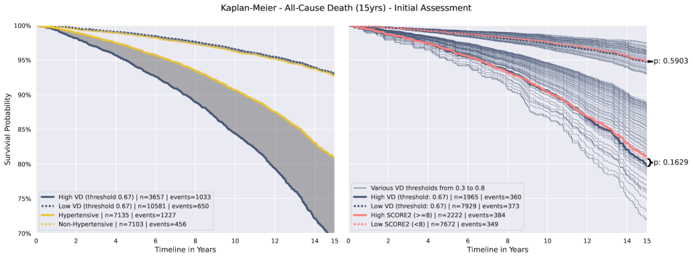 Kaplan-Meier estimates demonstrate that vascular damage consistently outperformed hypertension status as a predictor of long-term cardiovascular events, with high vascular damage (above a threshold of <span class="katex-eq" data-katex-display="false">0.67</span>) exhibiting risk-stratification characteristics comparable to a high SCORE2 risk score over a 15-year period.