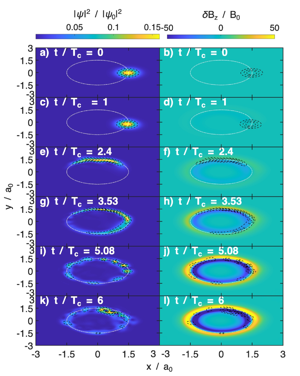 A fully coupled simulation with <span class="katex-eq" data-katex-display="false">\beta=10</span> reveals the dynamic interplay between the probability density <span class="katex-eq" data-katex-display="false">|Κ|^2</span> and the perturbed magnetic field <span class="katex-eq" data-katex-display="false">\delta B_z</span> over six cyclotron periods, with contours of <span class="katex-eq" data-katex-display="false">|Κ|^2</span> and the Larmor radius <span class="katex-eq" data-katex-display="false">\rho_{\ell}</span> providing spatial context.