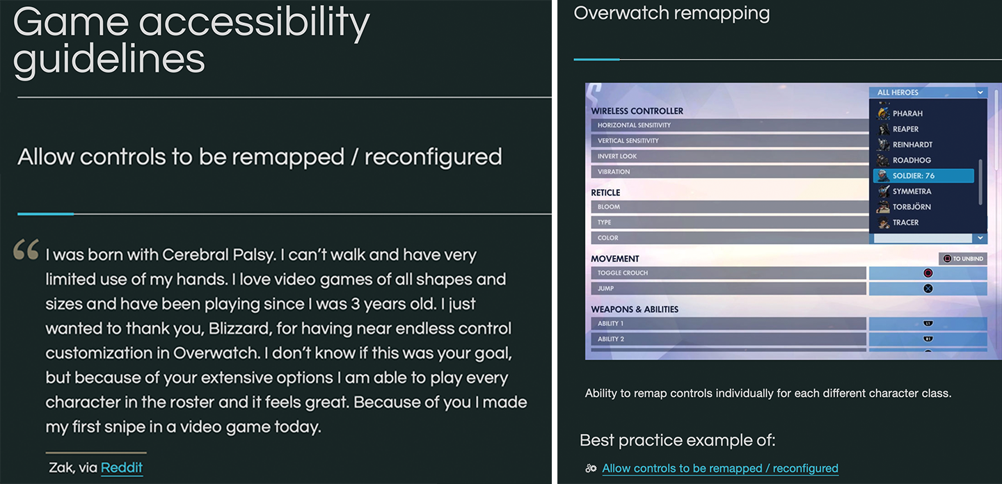 В рамках исследования участникам были представлены скриншоты руководств по доступности игр, в качестве примера использовалось руководство «Mot-1: Разрешить переназначение/перенастройку элементов управления», с сопоставлением оригинального текста и визуальных примеров, а также стандартизированным объяснением каждого руководства посредством презентации.