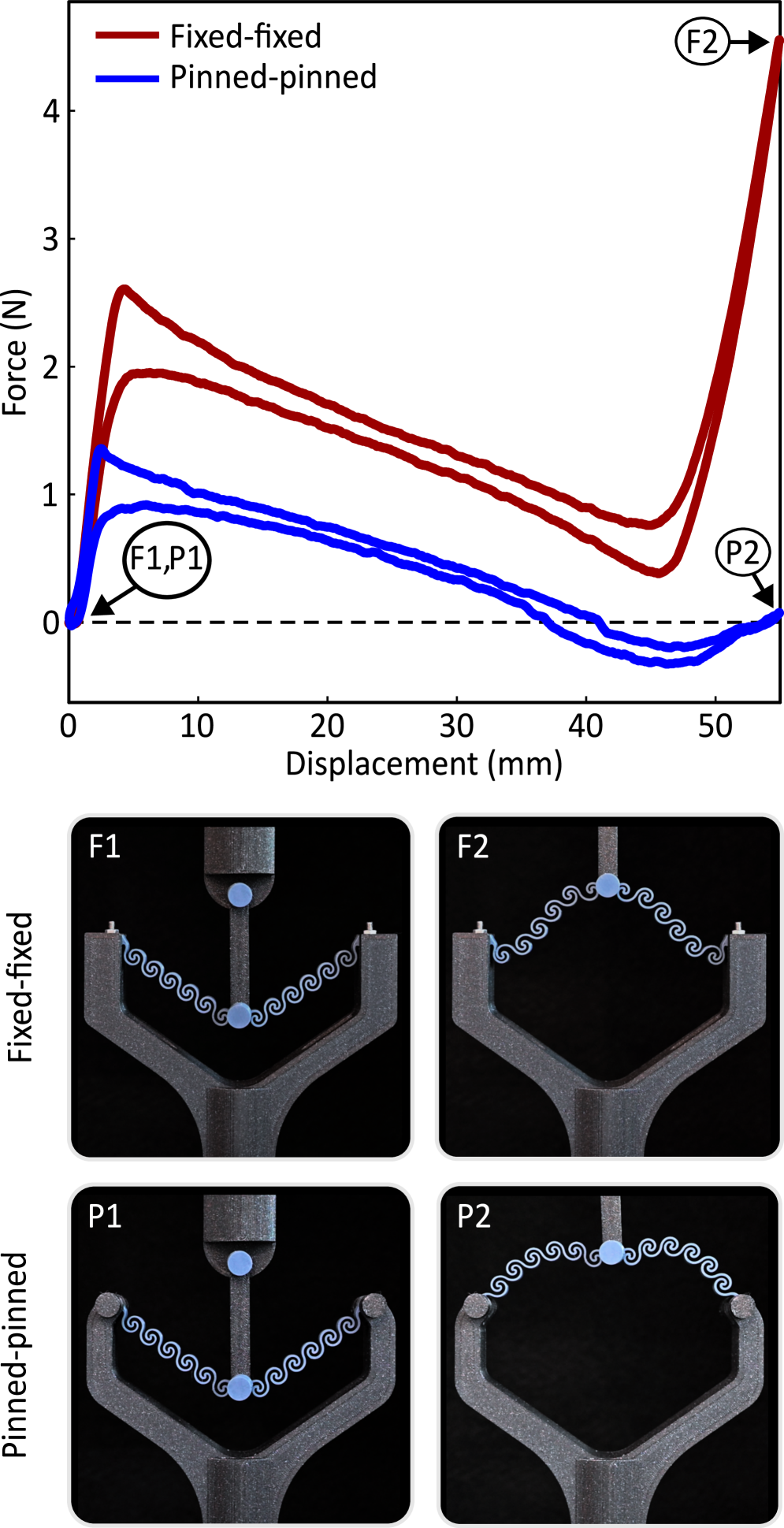 Distinct snapping behavior is observed in PLA metabeams under both fixed-fixed and pinned-pinned conditions, as demonstrated by representative force-displacement curves and visual changes in the structure before and at maximum displacement.