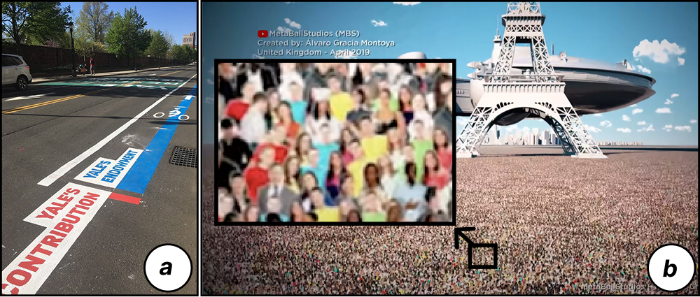 The figure shows three examples of \rvprogressive value reading designs. The first example is a chart painted on a street. It compares Yale University’s annual contribution to its home city of New Haven with its $32 billion endowment. The contribution is represented by a very small red rectangle. The $32 billion endowment is represented by a blue 200-meter-long stripe. The second example is a YouTube video called 8 Billion People in Perspective. The video shows the entire world population as a huge crowd assembled in a vast area. Every individual on the Earth is represented by a 3D human model. In the video, the camera moves through the crowd and gradually lifts up. Architectural landmarks are used to give a sense of scale.